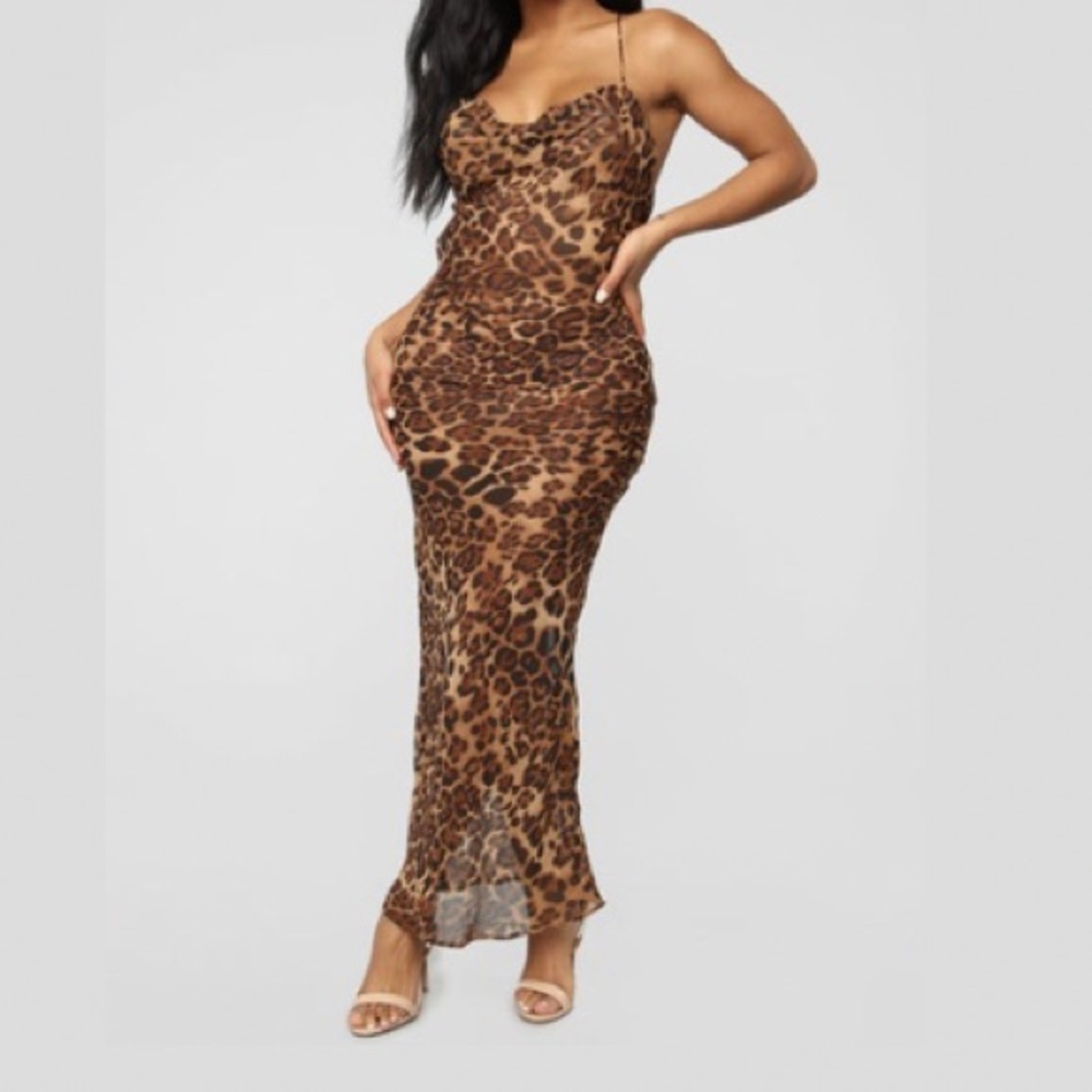 Leopard Print Cowl Neck Sheer Dress